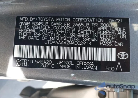 2021 Toyota Mirai Xle из США, поврежденный, VIN JTDAAAAA2MA002914